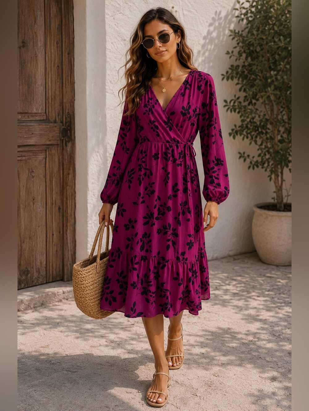 Bohme Midi Wrap Dress Womens Small Long Sleeve Magenta Black Floral Bohemian